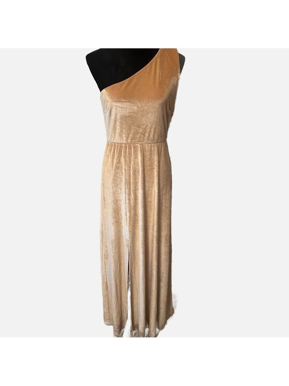 NEW Baltic Born Women Velvet Maxi Dress Large One Shoulder Blush Leg Slit Lined